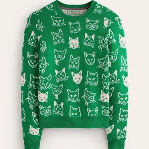 Boden Green Cat Jacquard Sweater Green Crewneck NEW NWT Cashmere